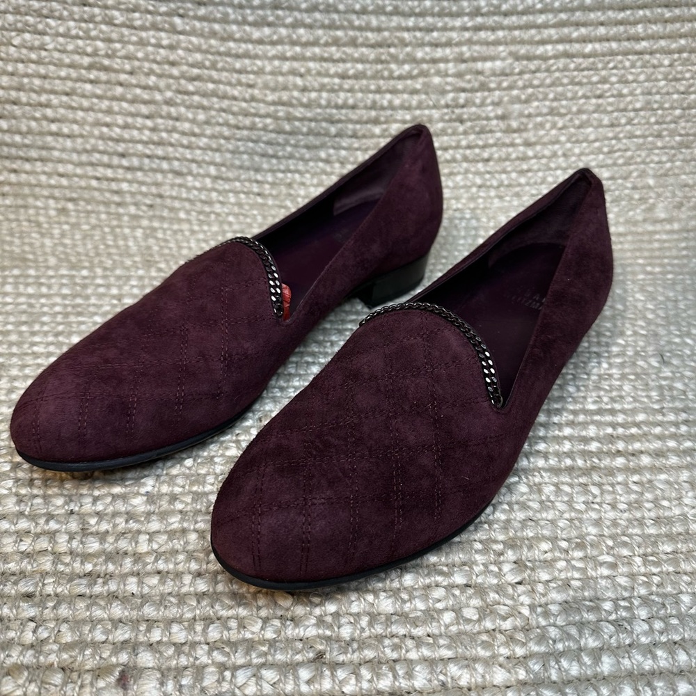 Stuart Weitzman burgundy garnet wine suede quilted loafers with chain detail